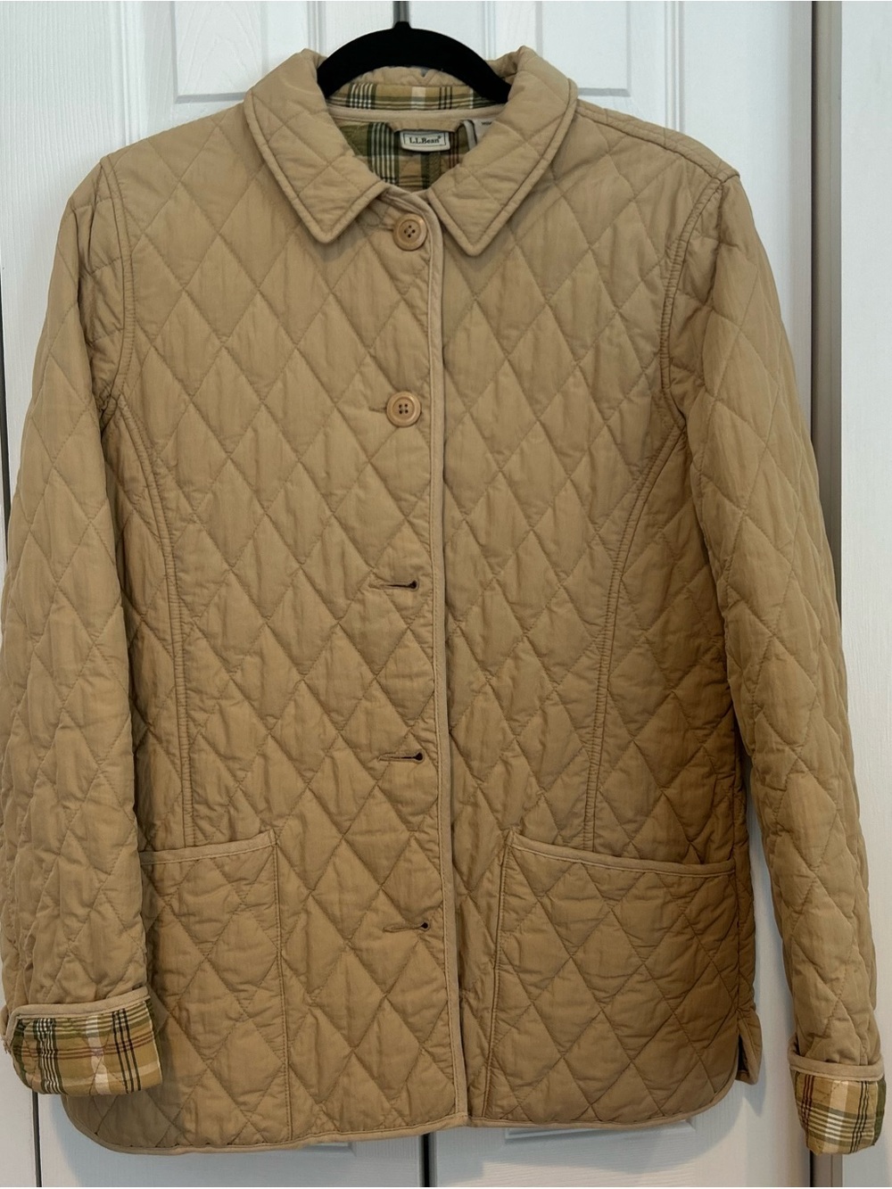 L. L. Bean Quilted Jacket Women’s Medium Tan Plaid Lined Classic Barn Coat
